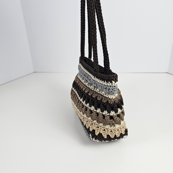 The Sak Crochet Shoulder Bag Brown Tan Gray Striped Tote Purse Tassel Boho - Picture 4 of 7